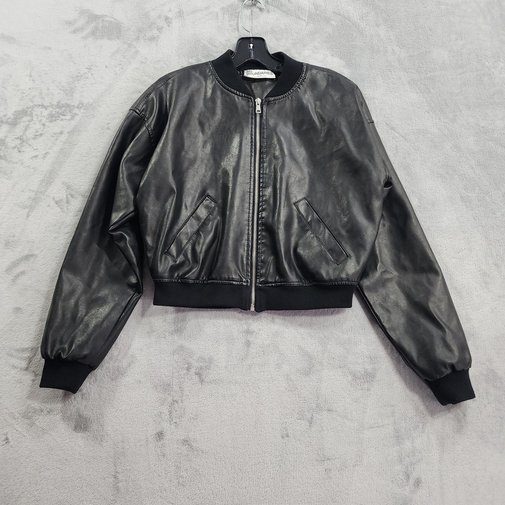 No Boundaries Jacket Womens XS Juniors Black Faux Leather Bomber Zip Pockets‎